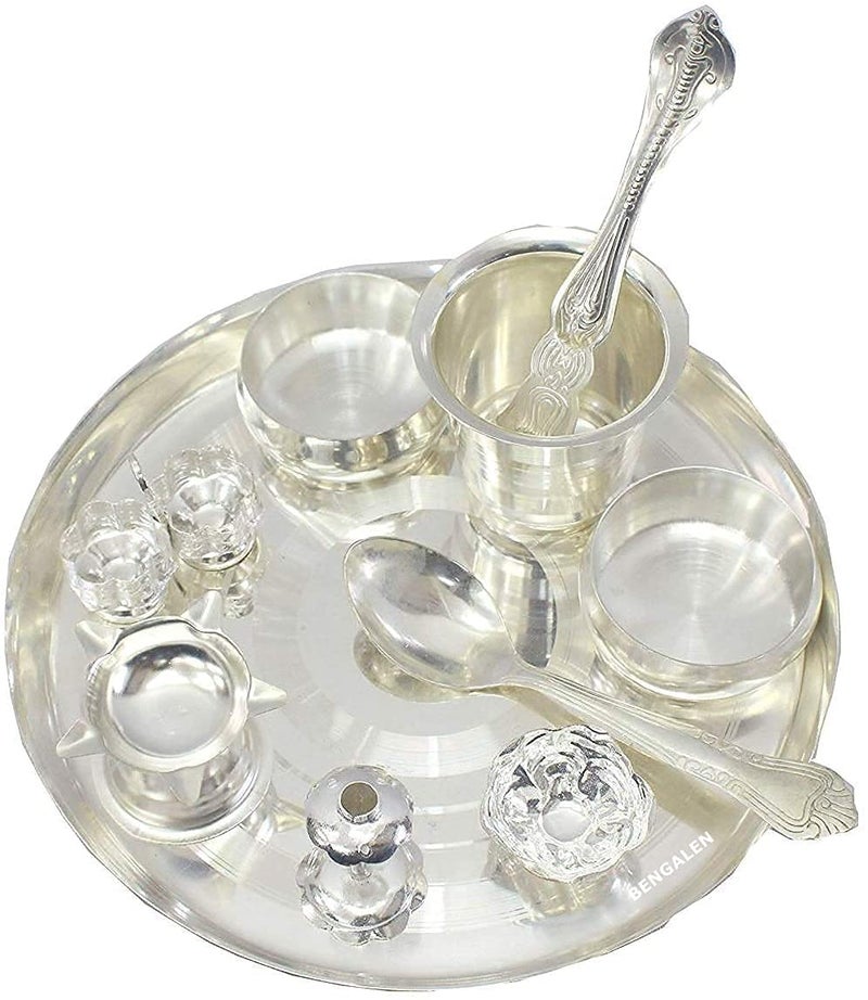 BENGALEN Silver Plated Pooja Thali Set 8 Inch Festival Ethnic Puja Thali Gift for Diwali Home Temple Office Wedding Return Gift Items - Image 1